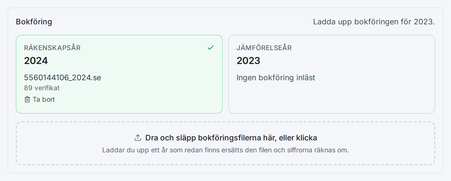 Bokföringsfiler i Skickly med en uppladdad SIE-fil